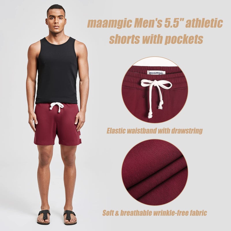maamgic Mens Athletic Gym Shorts 5.5" Elastic Waist Casual Pajama Pocket Jogger Men Workout Short Pants Wine XX-Large - Image 2